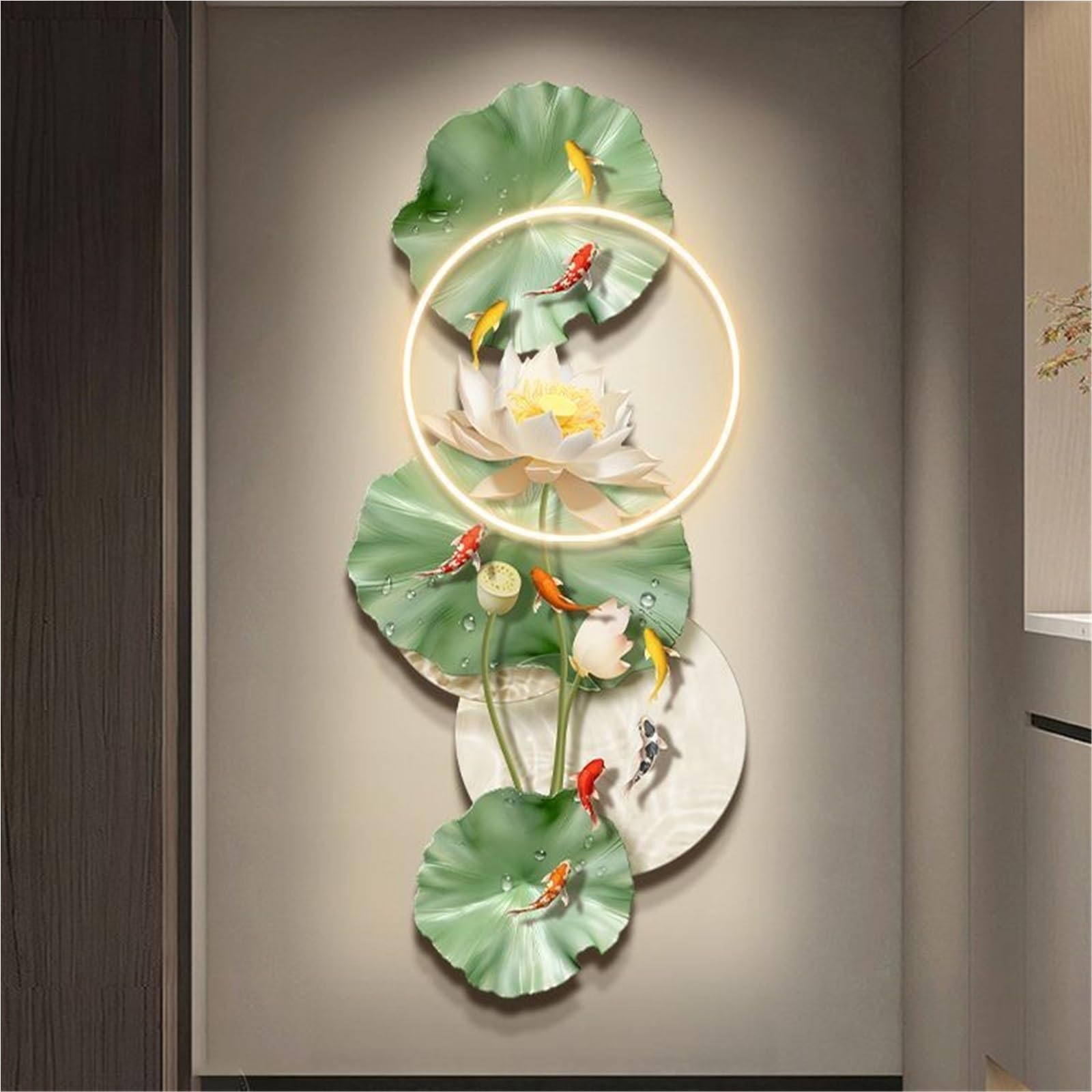 Cuadro Mural con Luces LED, pez Chino y Pintura acrílica, Escultura iluminada para el hogar, Dormitorio, Pasillo y Entrada (Verde, 40 cm de Largo x 90 cm de Ancho)