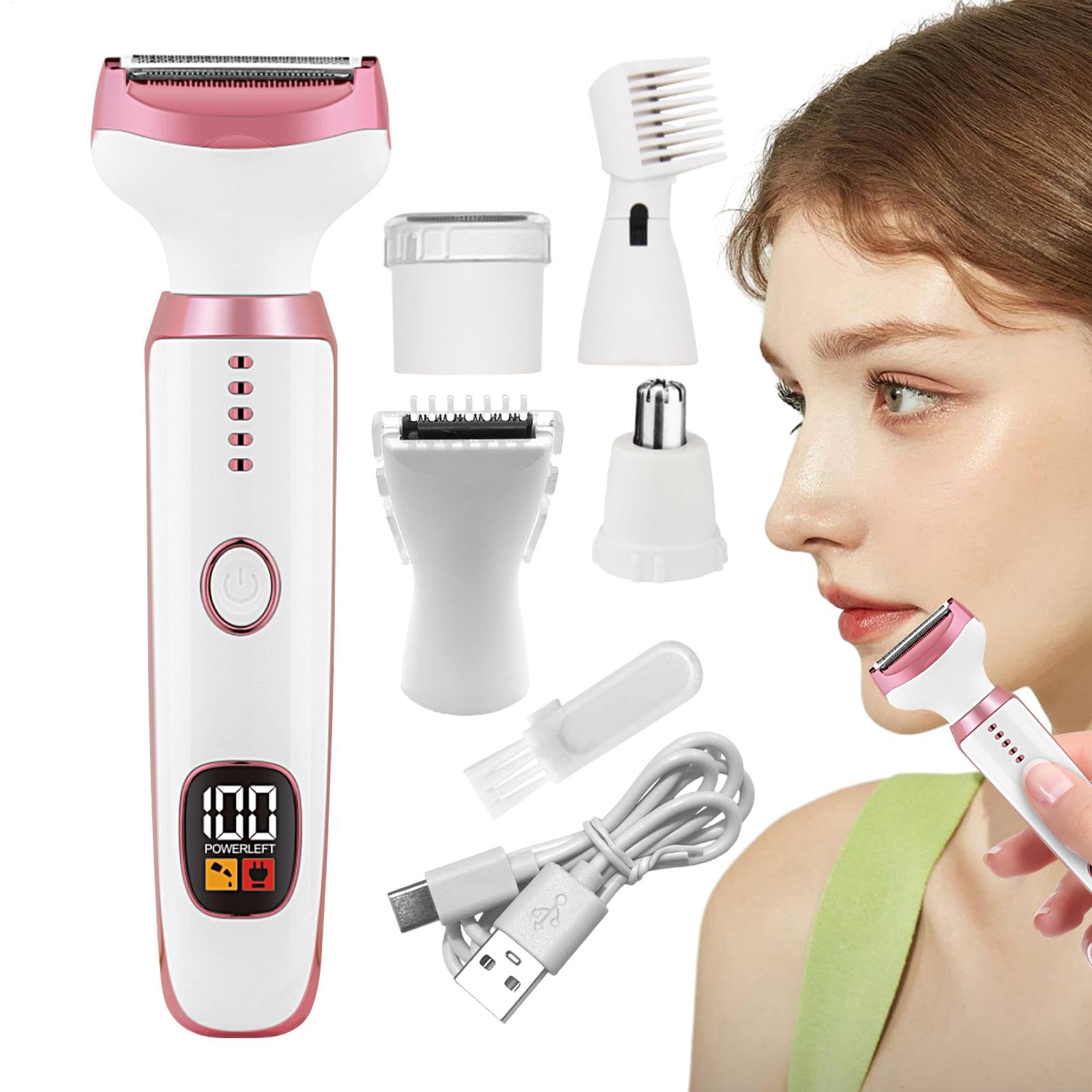 Afeitadora eléctrica para mujer, afeitadora eléctrica para mujer, 5 en 1 con pantalla digital, recortadora recargable, afeitadora húmeda y seca para piernas, brazos, axilas, zona del bikini