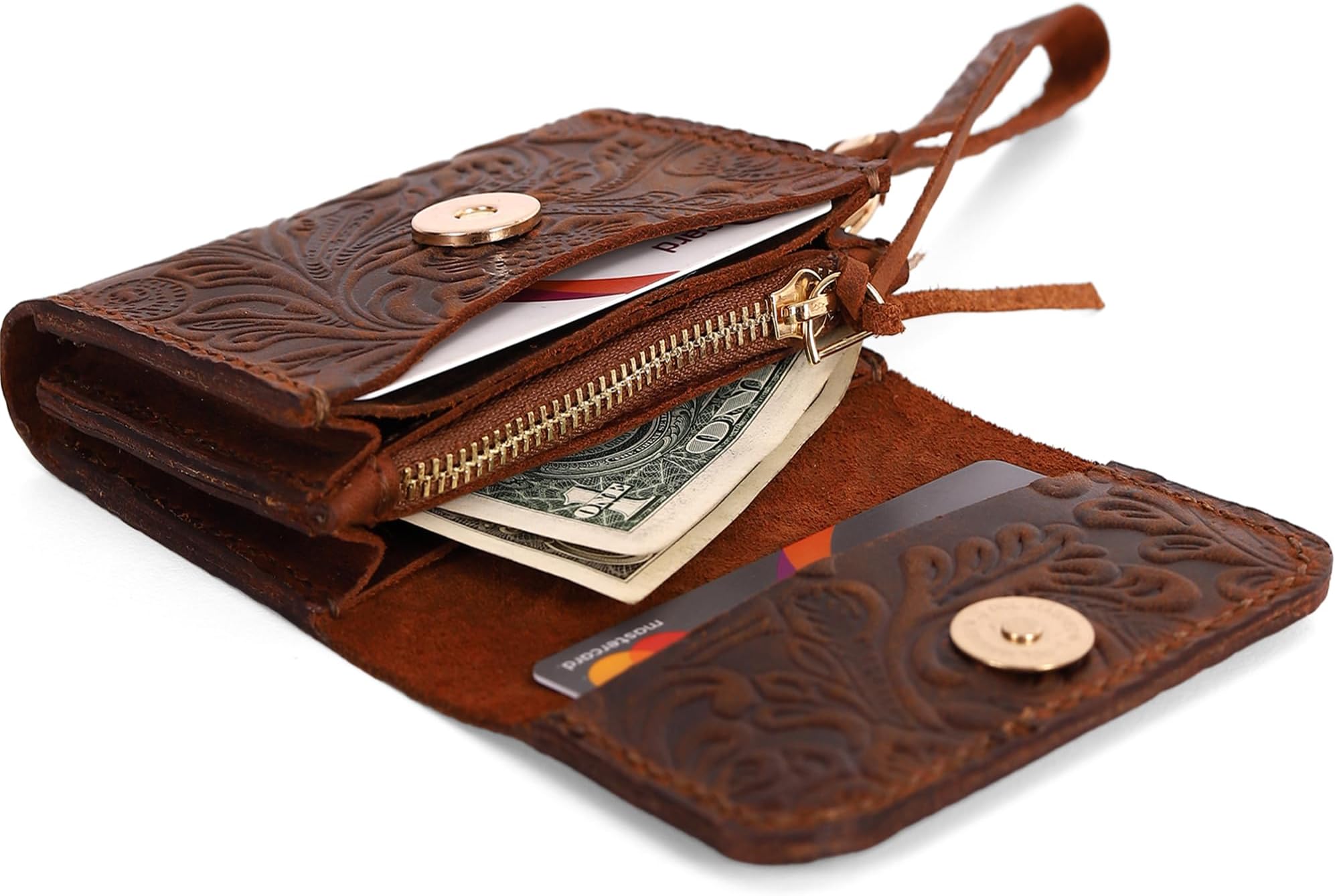 Handmade Wristlet Wallets for Women, Western Floral Leather Small Credit Card Holder with Zipper, Minimalist & Cute Coin Pouch, Genuine Leather, Dark Brown