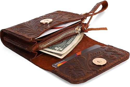 Toros Craft Billeteras de pulsera hechas a mano para mujer, de cuero floral occidental, pequeño tarjetero con cremallera, bolsa minimalista y