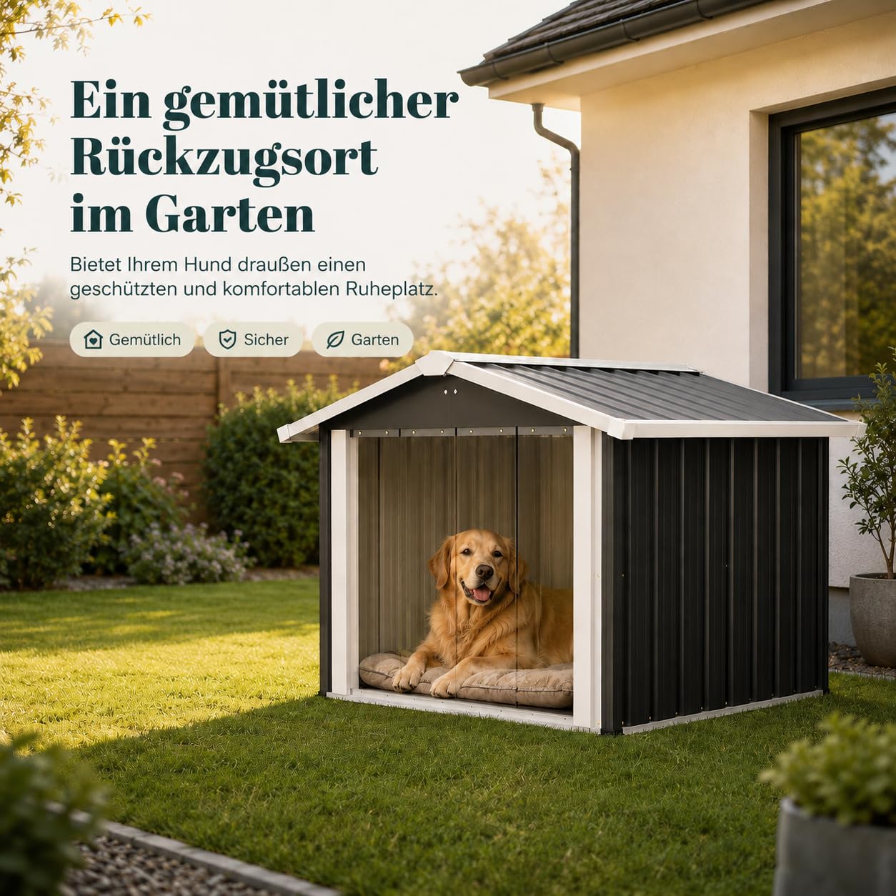 Outdoor Hundehütte wetterfest, Metall Hundehaus für Garten & Terrasse, wasserdichtes Hundehaus mit stabilem Boden, Belüftung & Schrägdach, Haustierhaus für kleine bis mittelgroße Hunde