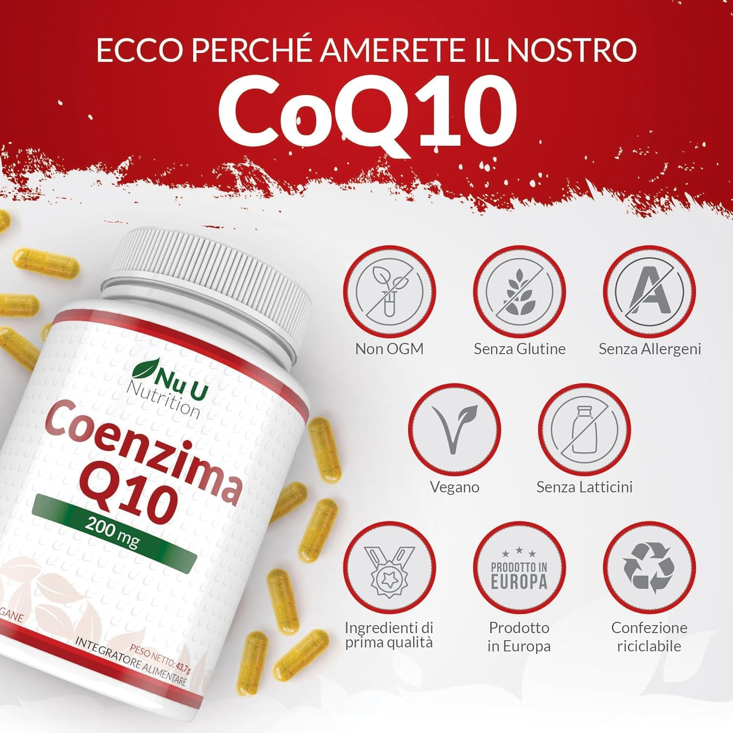 Coenzima Q10 200mg - 120 Capsule Vegane - 2 Mesi di Durata - 100mg di CoQ10 per Capsula - 100% Ubiquinone Puro Fermentato Naturalmente - Prodotto in Europa - Nu U Nutrition