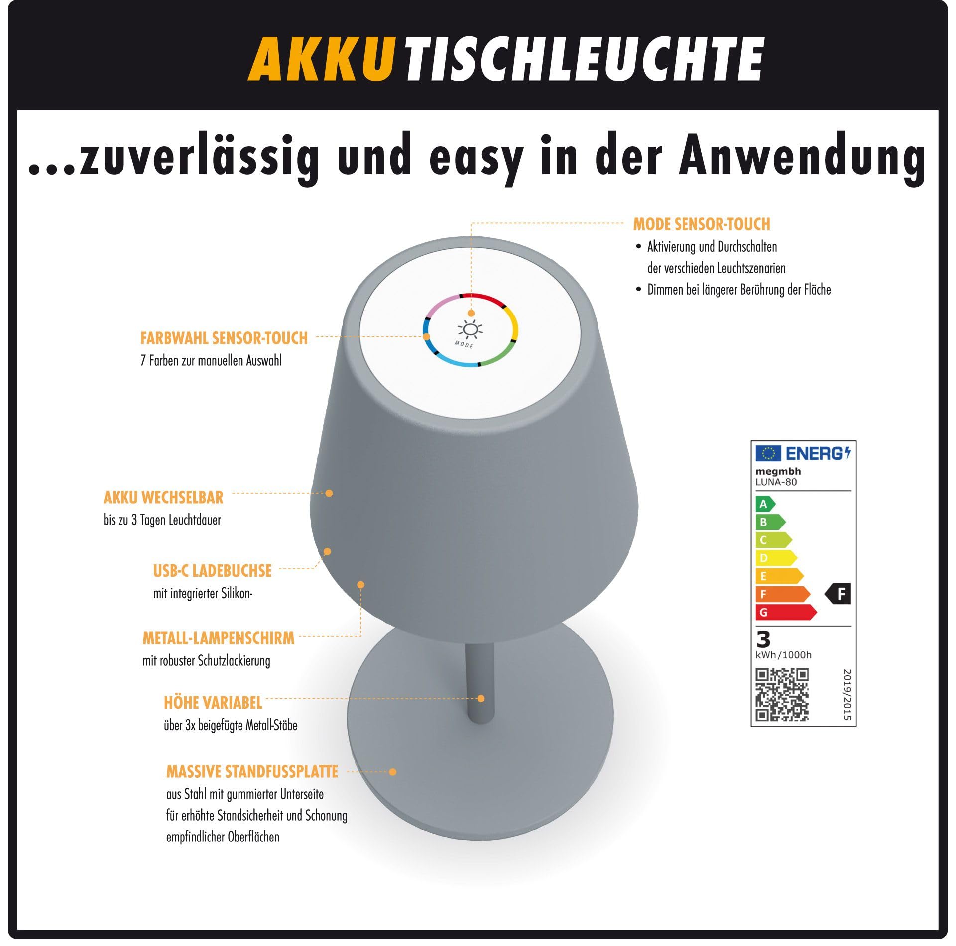 m-e LUNA-80-G, 3er-Set dimmbare kabellose LED Akku-Tischleuchte, 5200mAh, 8-72 Std Leuchtdauer, höhenverstellbar (5 Höhen), Touch-Sensor, Warmweiß & Farbwechsel (7 Farben), aus Metall