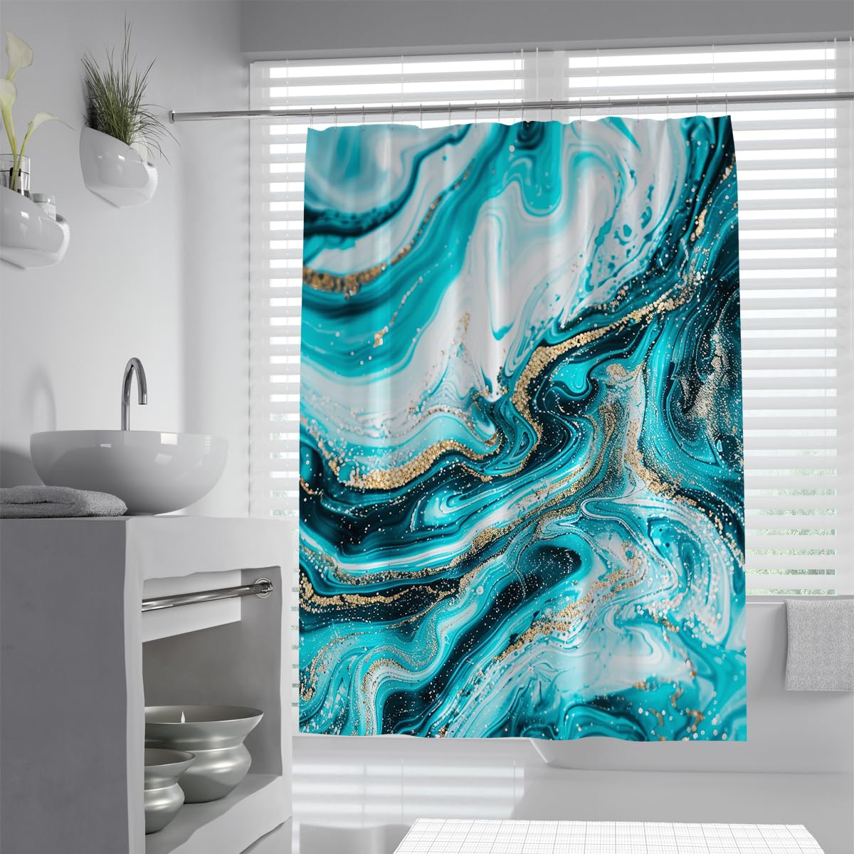 UIRINGART Ocean Wave Shower Curtain W150xL200cm Luxury Turquoise Mint Agate Gold Foil Texture Swirls Mildew Mould Resistant Fabric Easy to Clean Bath Curtains