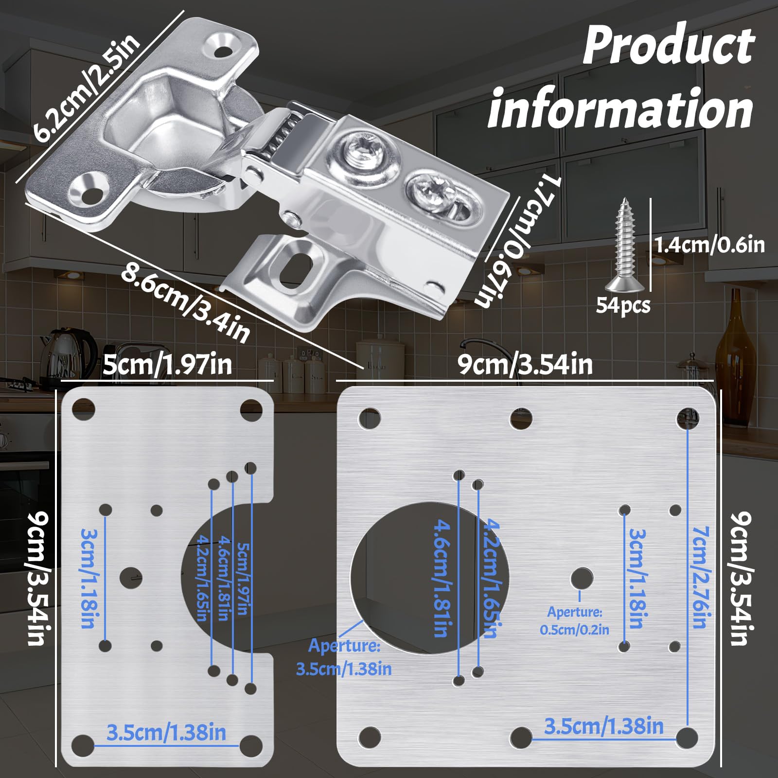 4pcs Cabinet Hinge Repair Plate Set ,Stainless Steel Hinge Repair Kit,Kitchen Cupboard Door Hinge Repair Brackets,Household Fixing Plate with Mounting Screw (3 Repair Panels+3 Hinges+54 Screws) - Image 2