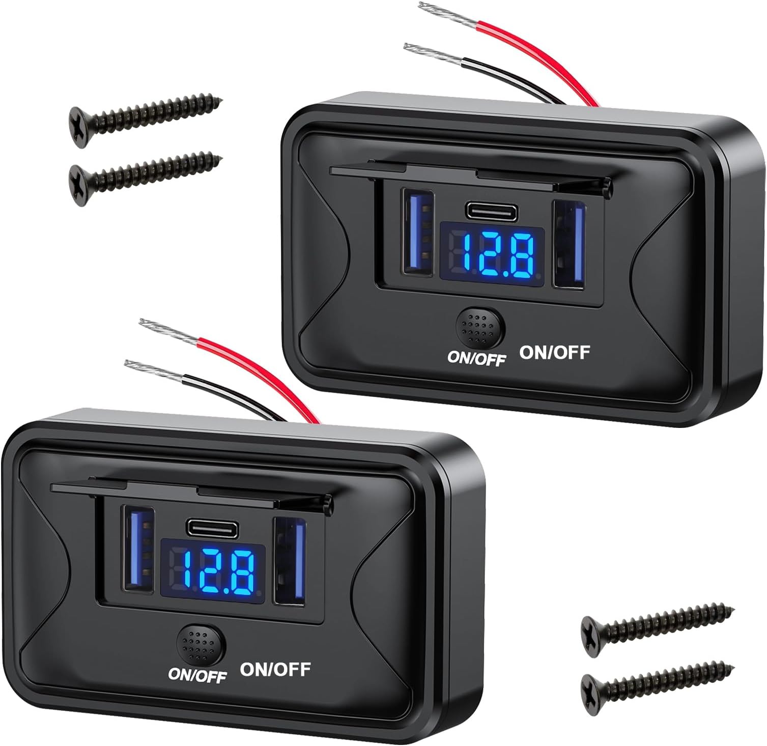 Linkstyle 2PCS RV USB Outlet, Dual 18W USB A & 36W USB C Charging Socket Panel with Voltmeter & ON/OFF Switch for 12V/24V Car Boat