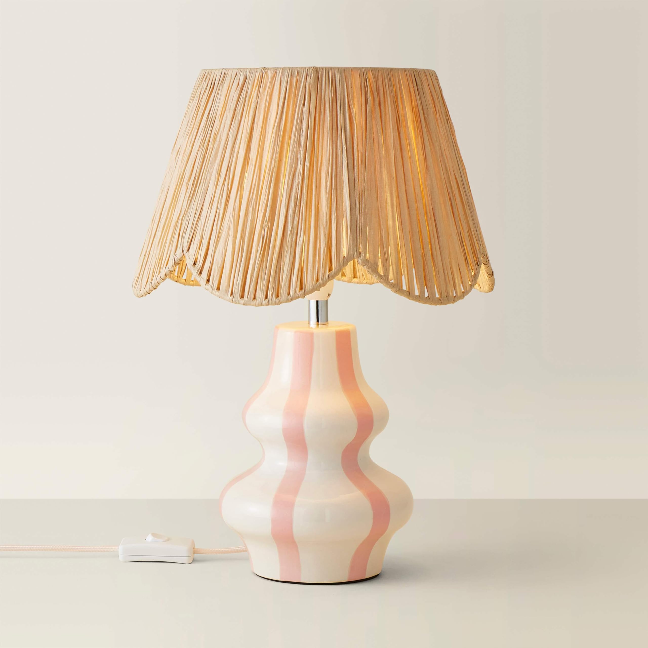ValueLights Perrie Ceramic Pink Stripe Table Lamp with Raffia Lamp Shade