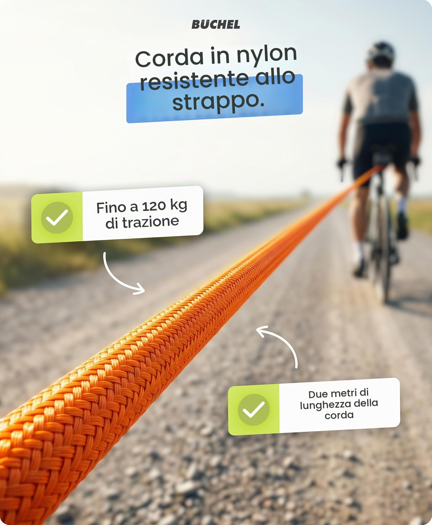Büchel Corda di traino per bicicletta fino a 120 kg – 2,20 m corda di traino per bambini, con linguetta di estrazione e protezione all'abrasione – Robusto moschettone e 3 montabile, per biciclette per