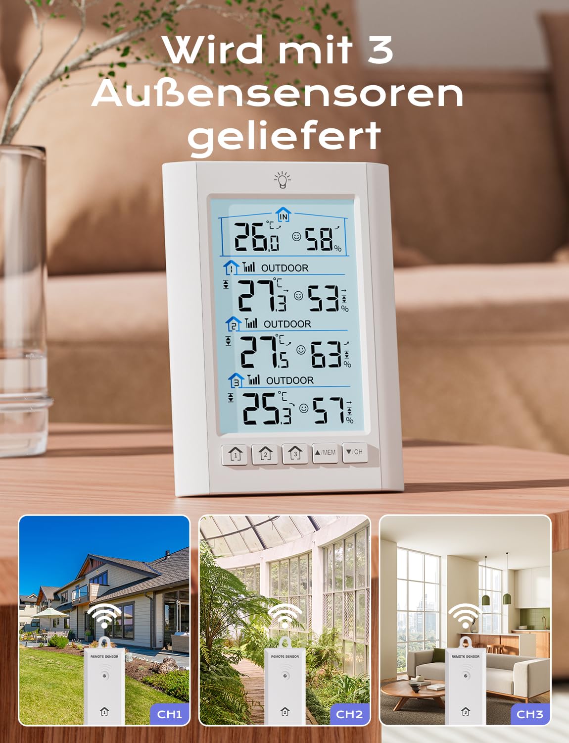 LIORQUE Funk Wetterstation mit 3 Außensensoren Digitales Thermometer Hygrometer Innen Funkwetterstation mit 100 m Reichweitensensor Thermo-Hygrometer für Gewächshaus Weinkeller