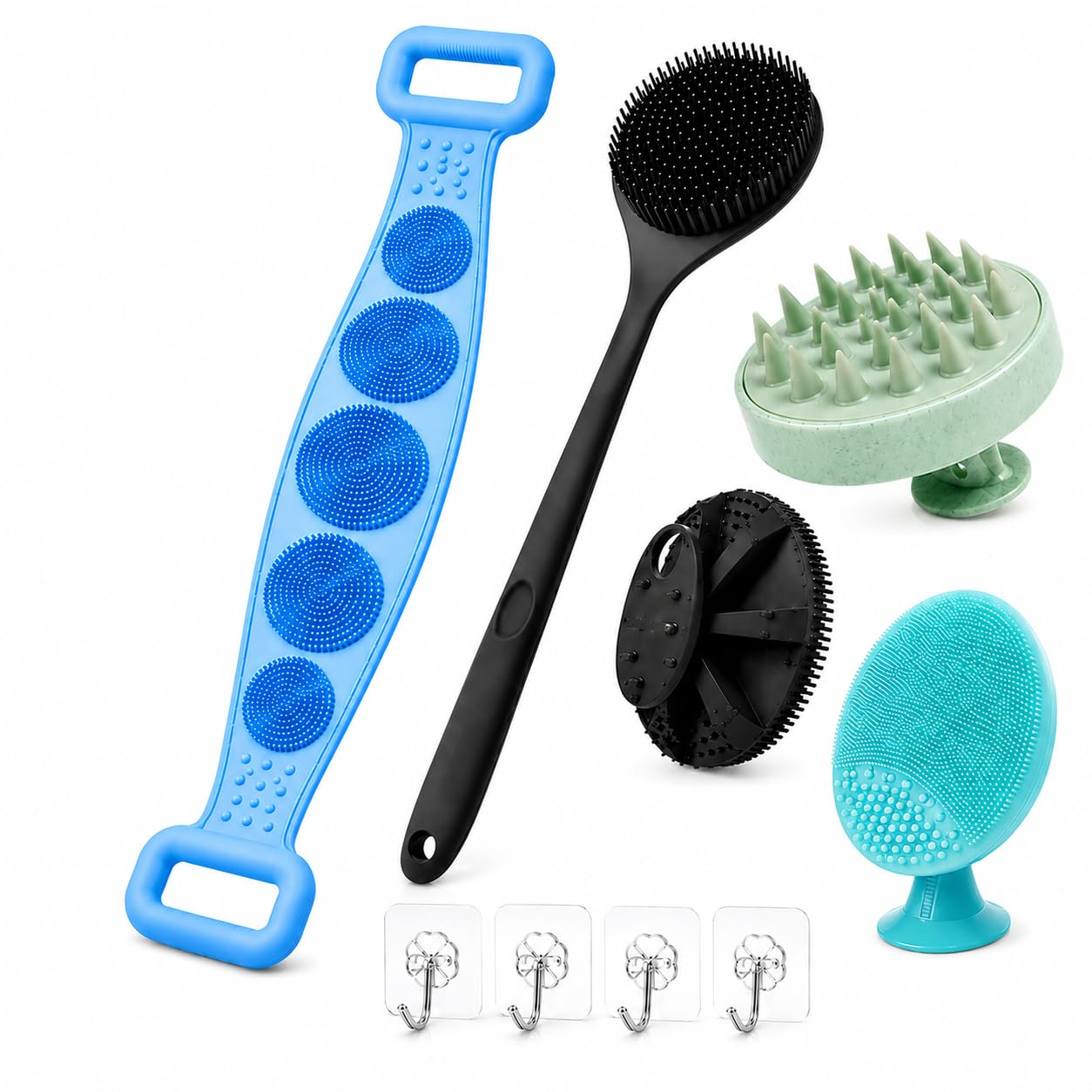 6-in-1 Silicone Bath and Body Care Combo, Back Scrubber Belt, Long Handle Brush, Body Scrubber, Face Scrubber, Scalp Massager with 4 Hooks-image-3