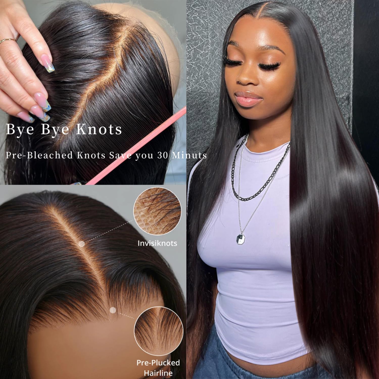 13x6 Lace Front Wigs Human Hair Pre Plucked Bye Bey Knots Pre Bleached HD Straight Lace Front Human Hair Wig 180 Density Frontal Lace Wig Glueless Wigs Human Hair with Baby Hair for Women 24 Inch