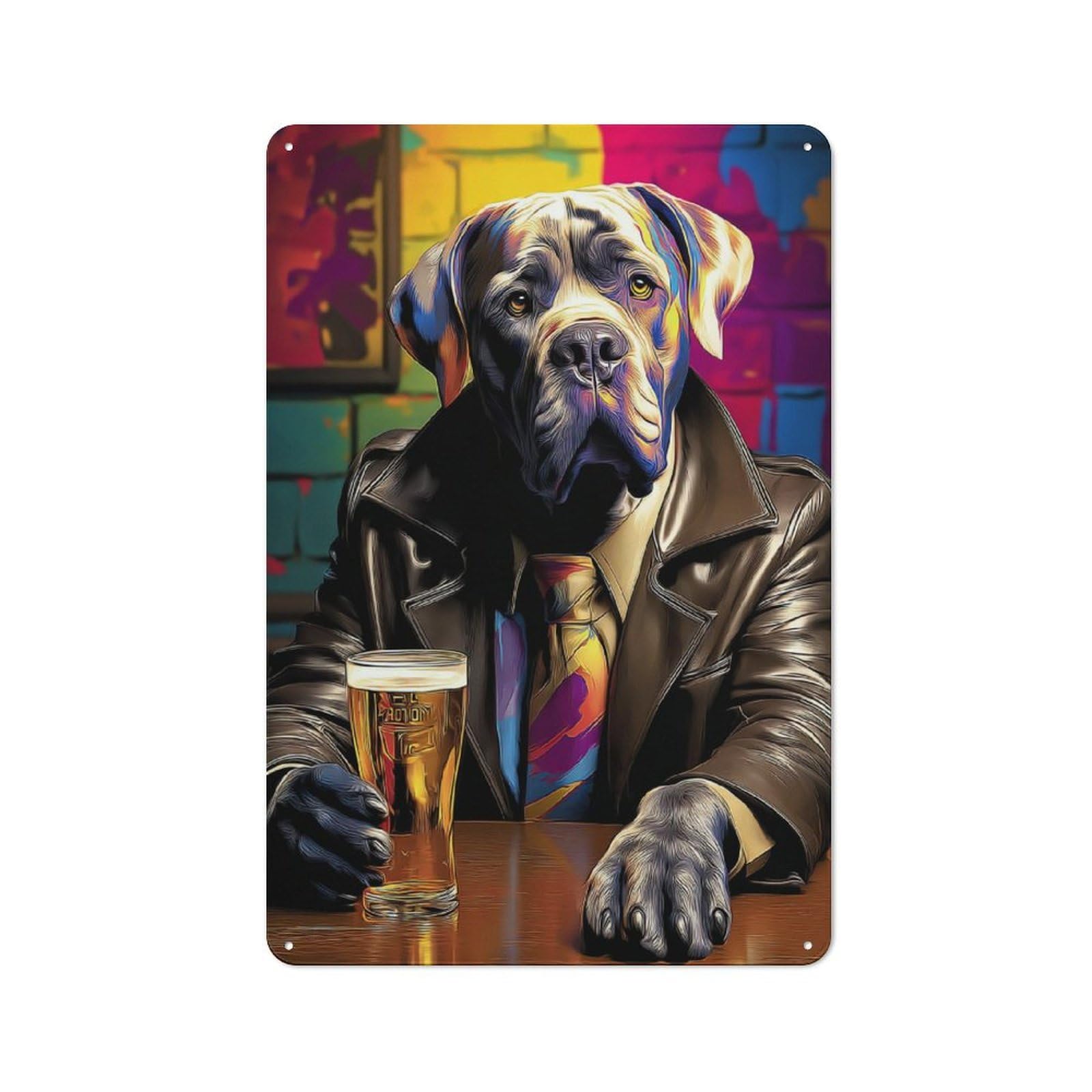Junmoney Dog In Leather Jacket With Beer Country Farmhouse Metal Sign 30X20cm, Farmhouse Wall Decor For Dining Room, Cafe, Entryway Or Family Room