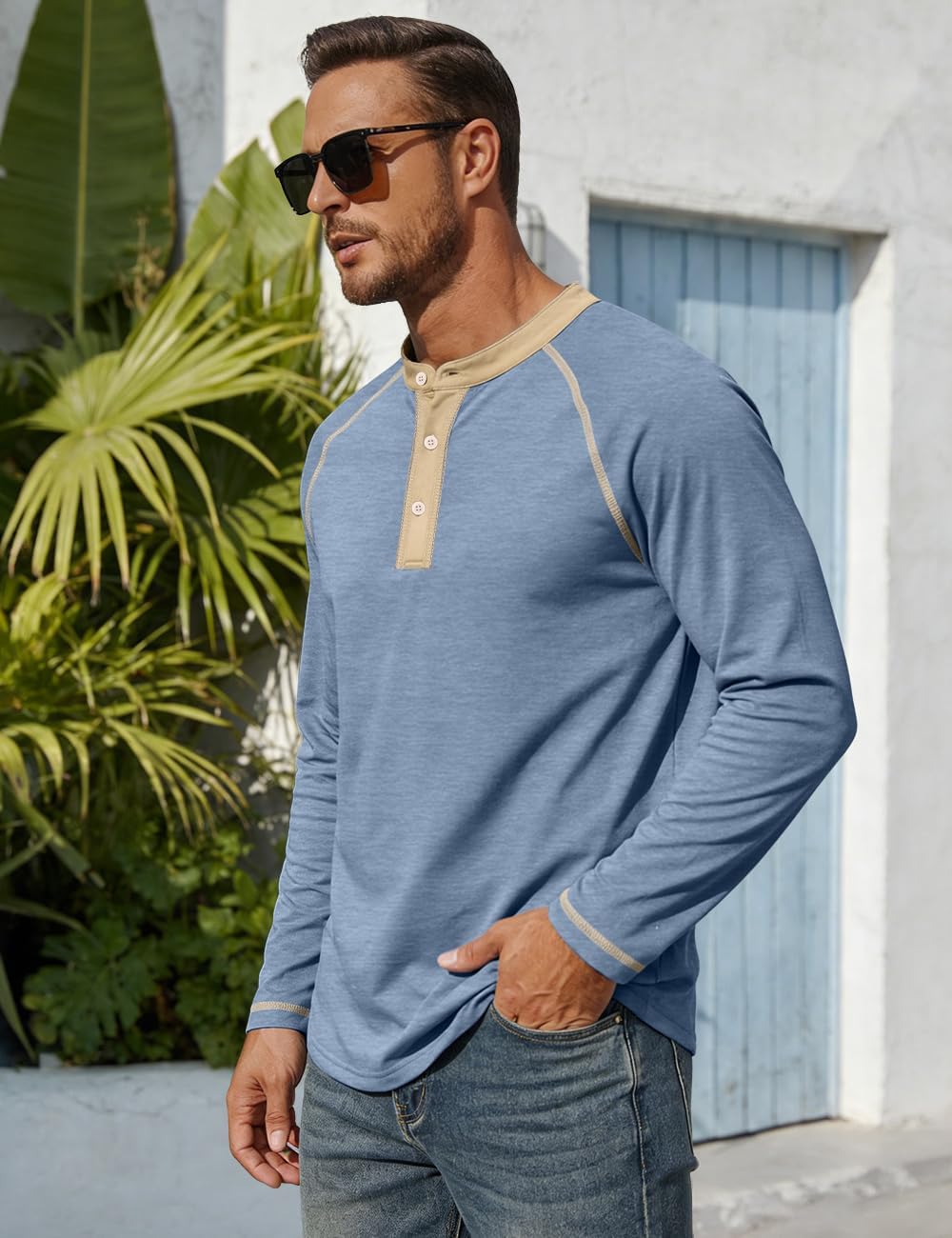 Men's Henry Long Sleeved T-Shirt Cotton Casual Button Lightweight Pullover Shirt Soft Stretch Tees Tops