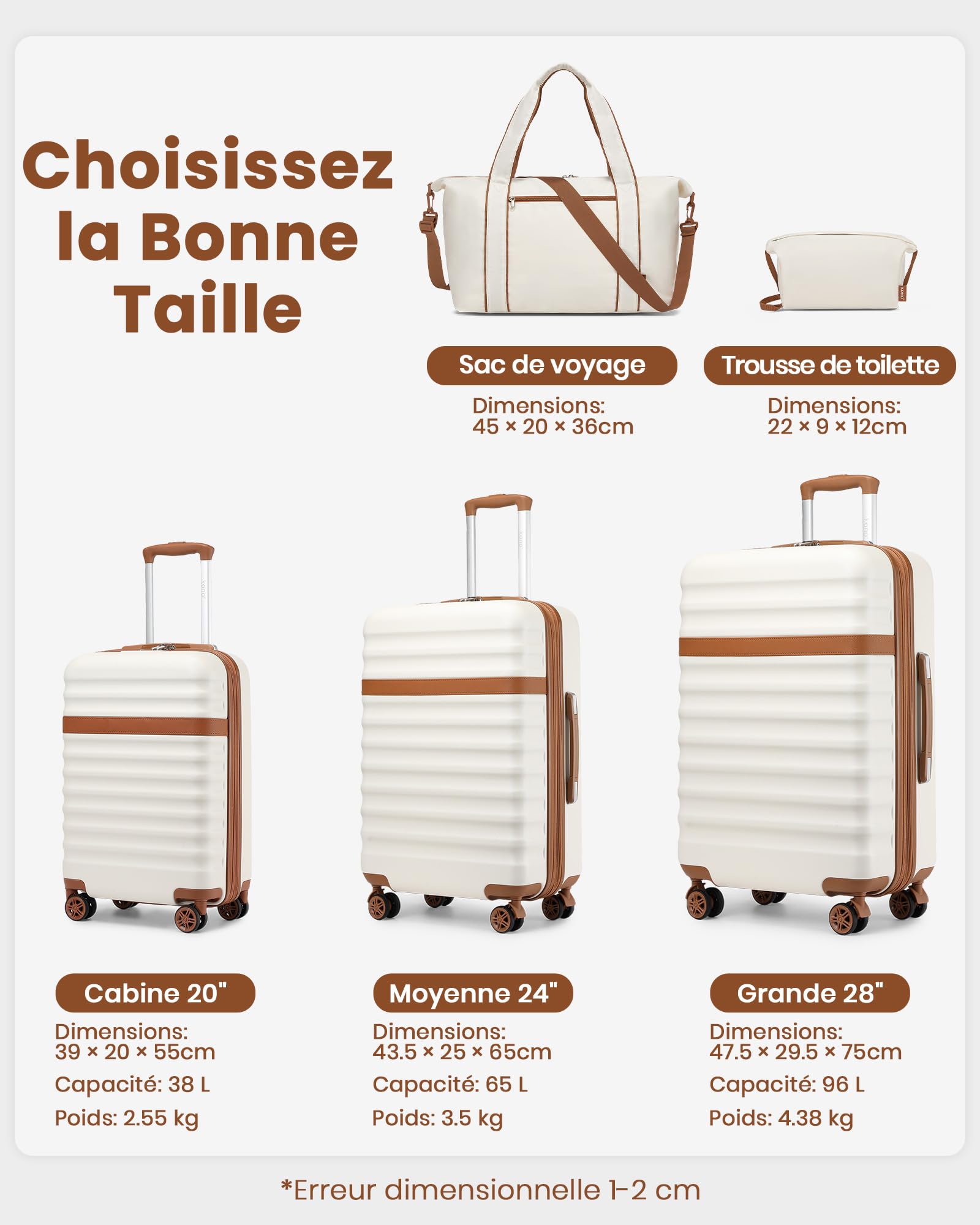 Kono Set de 3 Valises d'une Valise Grande Taille 75cm Extensible à Roues Silencieuses et Serrure TSA, Un Sac de Voyage à Poche Imperméable et Sangle pour Valise, et Une Trousse de Toilette (Crème)