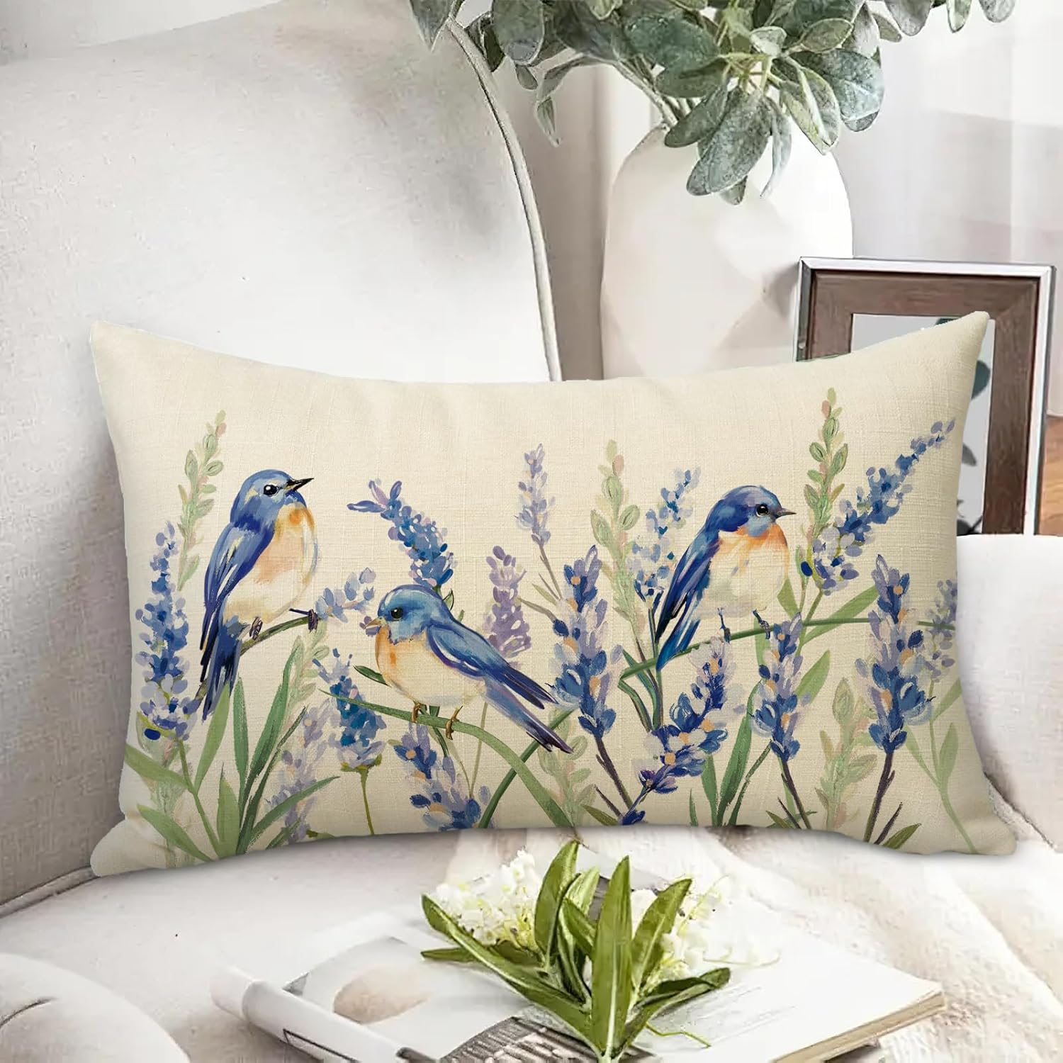 Fahrendom Spring Summer Bluebirds Lumbar Decorative Rectangle Pillow Cover 12 x 20, Watercolor Lavender Flower Porch Patio Outdoor Pillowcase, Floral Seasonal Sofa Couch Cushion Case Home Decor - Image 4