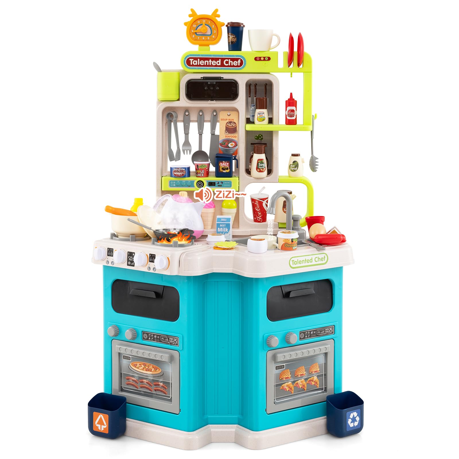 GYMAX Kids Kitchen Playset, Corner Pretend Play Kitchen with 113 PCS Accessories, Stove, Sink, Realistic Sounds and Lights, Cooking Role Playset for 3 Years Old+ (Blue)