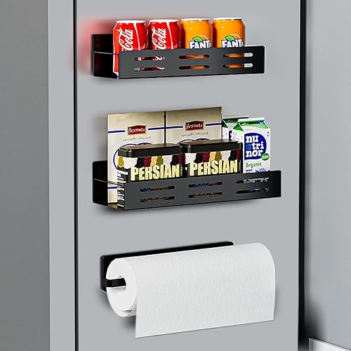 Miniatura 1 de Carwiner 3 Pack Magnetic Refrigerator Organizer with Paper Towel Holder Strong Magnetic Fridge Shelf Magnetic Spice Rack Rustproof Side Fridge