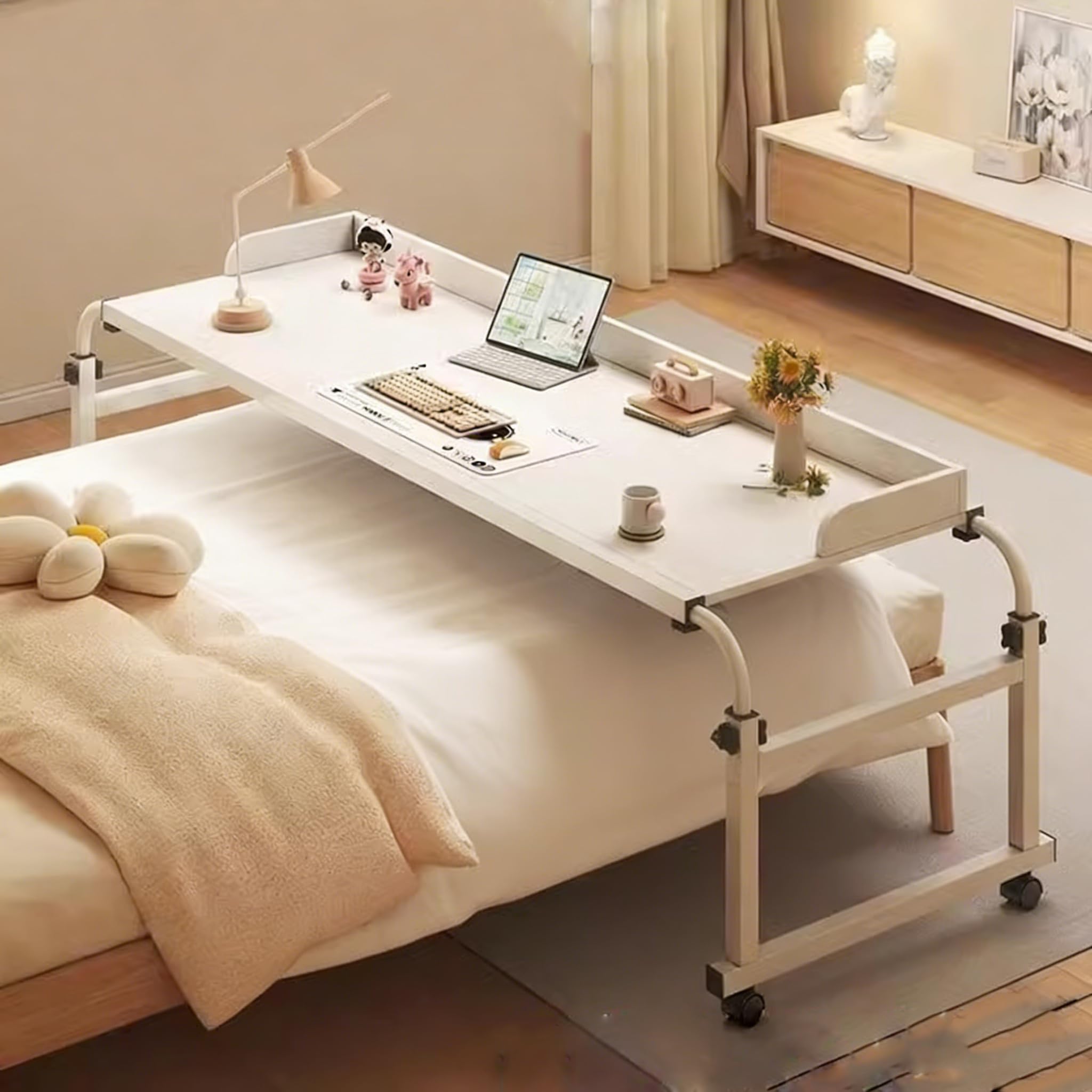 Höhen und Breitenverstellbar Rollender Laptop-Schreibtisch，Essenstablett Schreibtisch Rollender Medizinischer Tisch Überbetttisch mit Rädern Fauler Schreibtisch(Color:Bianco)