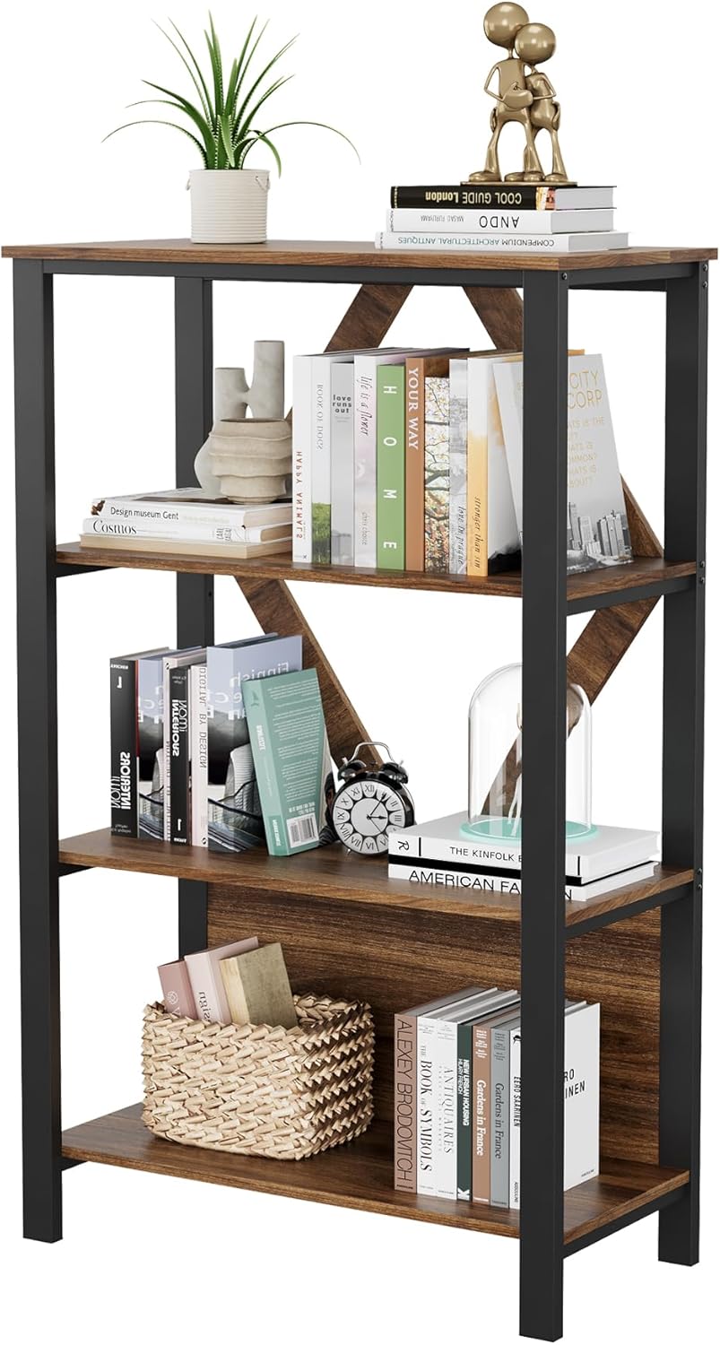 IDEALHOUSE 4 Tier Book Shelf with LED Lights, Brown Industrial Metal Display Book Case, Open Book Shelf Organizer, Tall Bookshelf, Heavy Duty Storage Bookcase for Bedroom Office Living Room