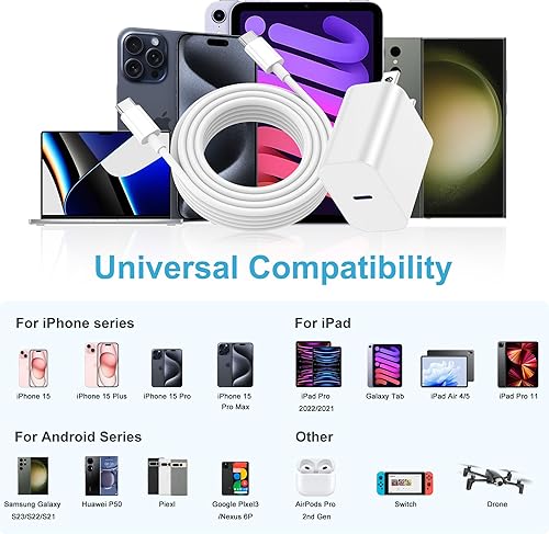 Miniatura 6 de Cargador para iPhone 15, cargador de iPad, paquete de 3 bloques de carga rápida USB C de 20 W para iPhone 15 Pro MaxPlus, cable USB C a C de 6 pies