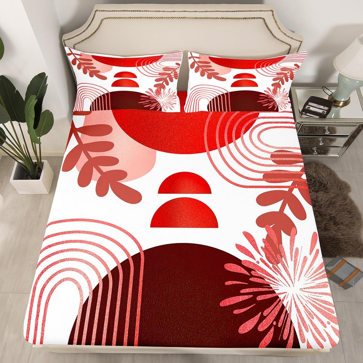 Boho Mid Century Fitted Sheet Abstract Geometric Bed Sheets Full,Modern Minimalist Sheets Simplistic Geometric Line Art Bedding Set,Circle Ombre Stripes Room Decor,Cyan Green