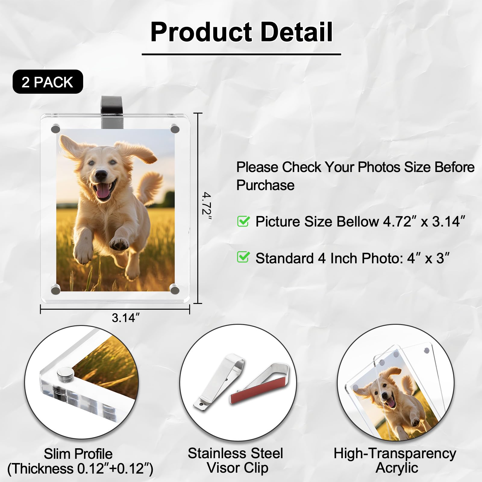 Koongloong 2PCS Car Picture Holder Sun Visor Pictures Frame Magnetic Acrylic 3.14x4.72 Inch Photo Clip Memorial Photos Visors Clips Universal Transperant