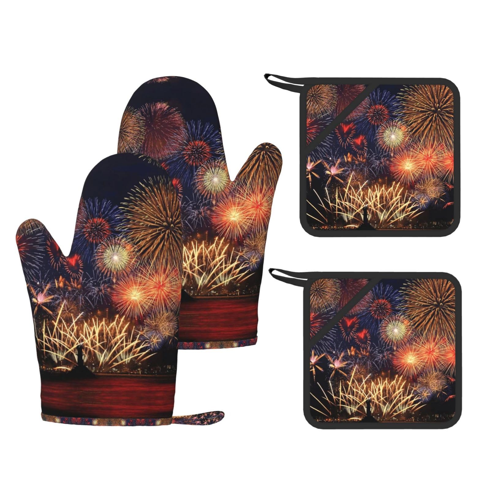 Fireworks Printed Pot Holders and Oven Mitts 4-Piece, Non-Slip Kitchen Gloves with Utensil Pocket for BBQ