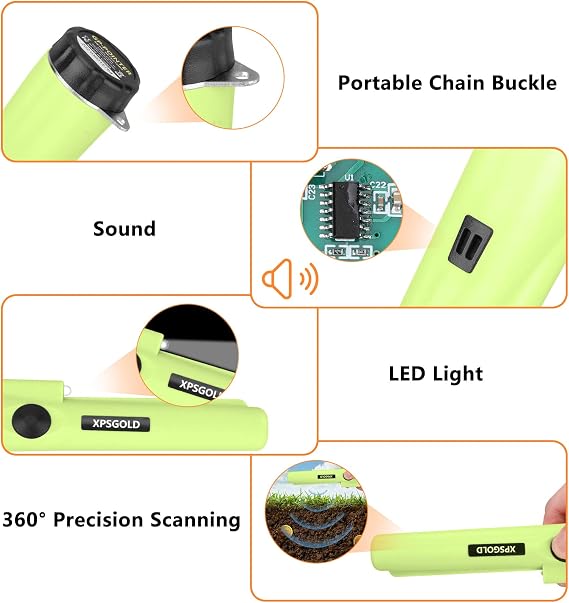Metal Detector Pinpointing,Waterproof Pinpointer 360 Degree Search Gold&Treasure Finder with Belt Holster &LED Indicator& Buzzer Vibration, for Adults and Kids(Green)