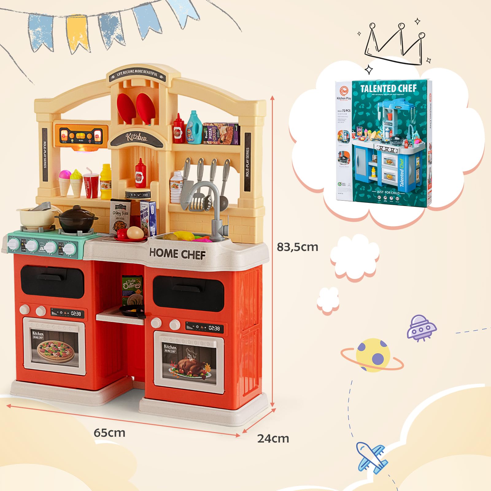 DREAMADE Kinderküche mit 42 TLG. Zubehör, Kinderspielküche mit Licht und Sound, Dampf, Wasser, Spüle, Wasserhahn, Herd, Backofen, Spielzeugküche, Spielküche für Kinder ab 3 Jahren (Orange)