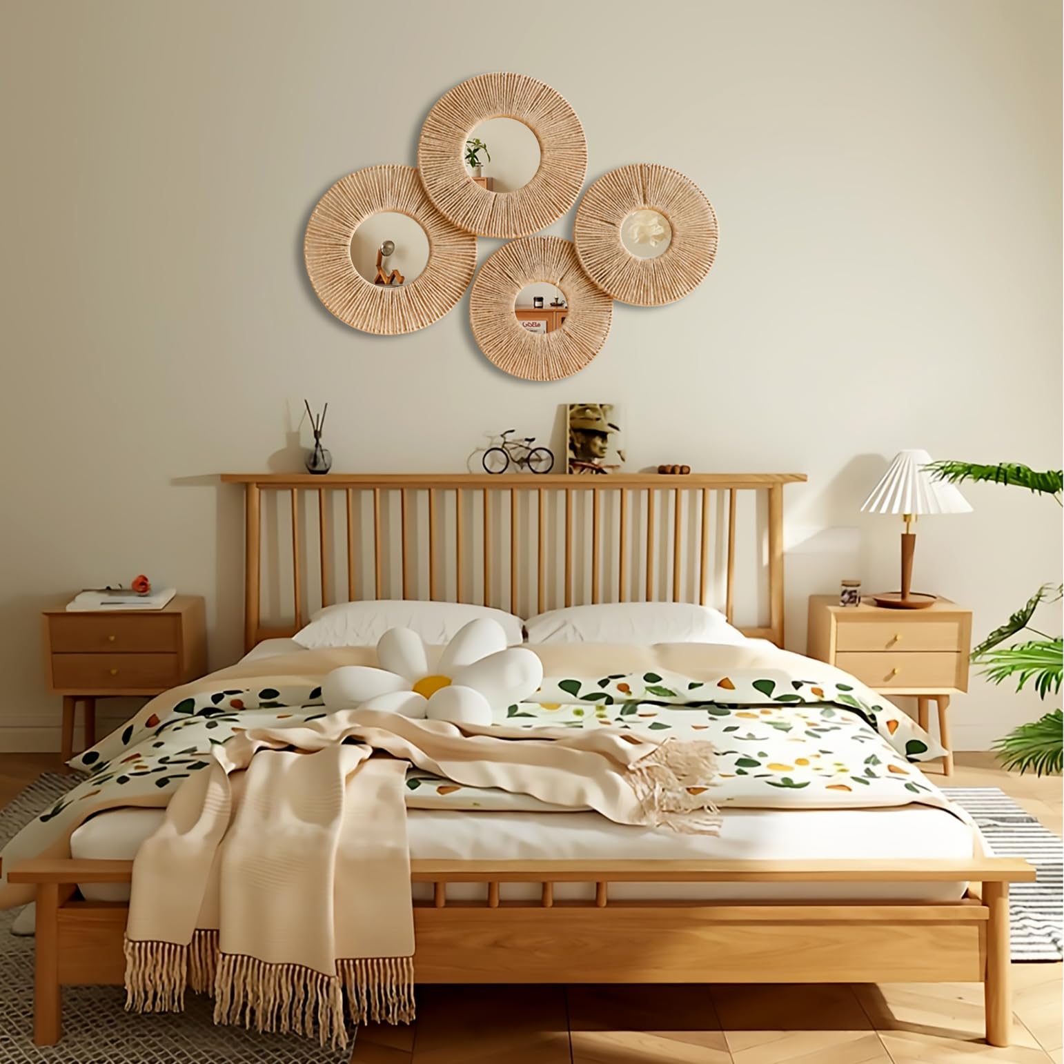 Juego de 4 cestas colgantes para pared, cesta de mimbre tejida decorativa bohemia para colgar en la pared, espejos redondos rústicos, yute natural, decoración del hogar, dormitorio, sala de estar | Cesta de mimbre tejida, yute rústico de granja, dormitori
