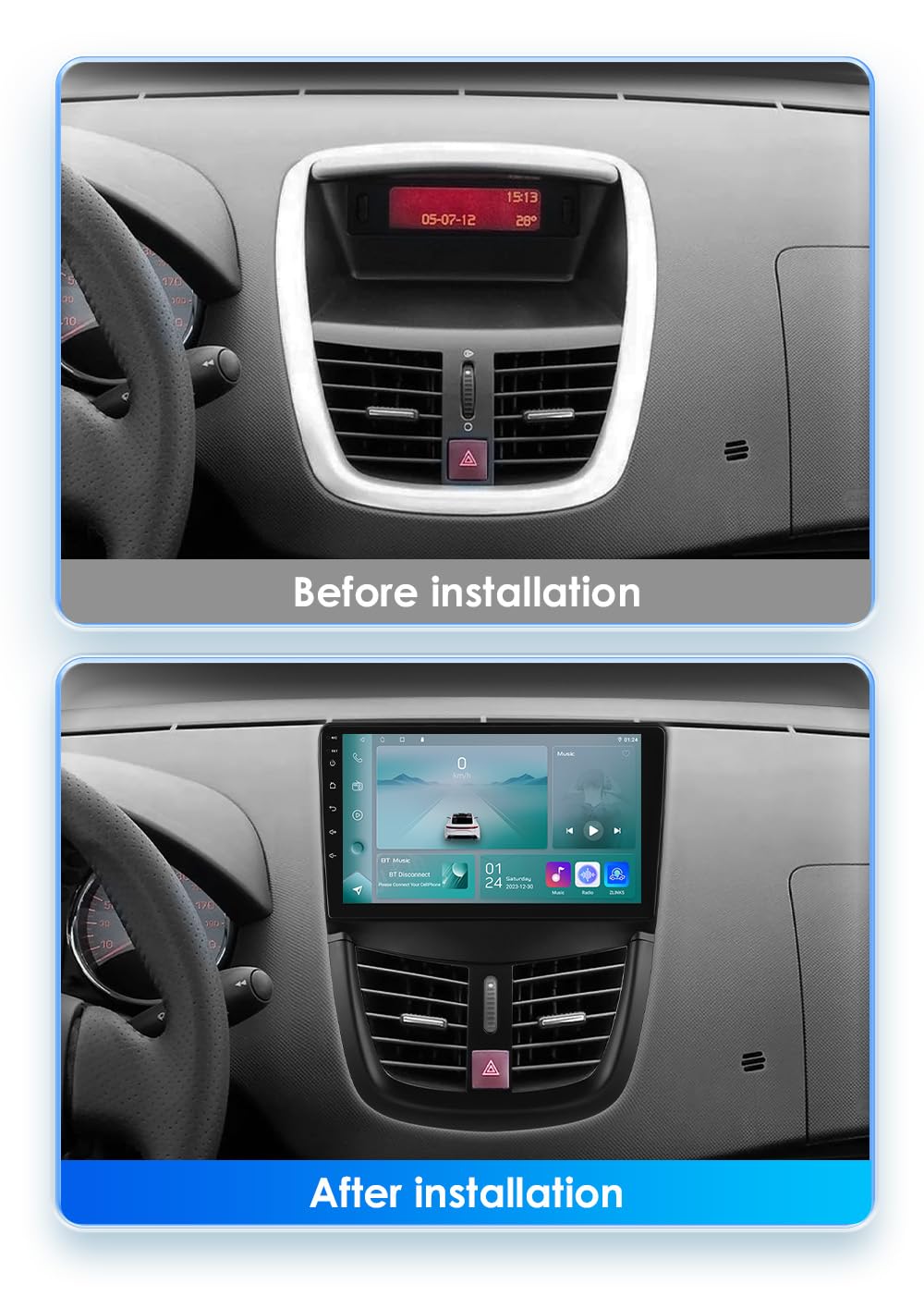 Ossuret Autoradio pour Peugeot 207 207CC (2006-2015), 9 Pouces Android 13 écran Tactile 2+32 Go Navigation GPS avec Carplay Android Auto WiFi Bluetooth USB Commande au Volant