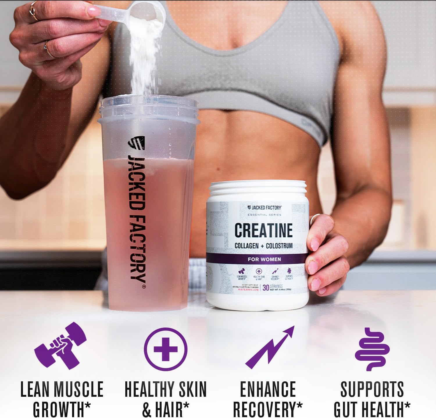 Jacked Factory Creatine for Women - Creatine Monohydrate with Collagen + Colostrum to Support Workout Performance, Lean Muscle Growth, Healthy Hair, Skin, & Nails - 30 Servings, Watermelon