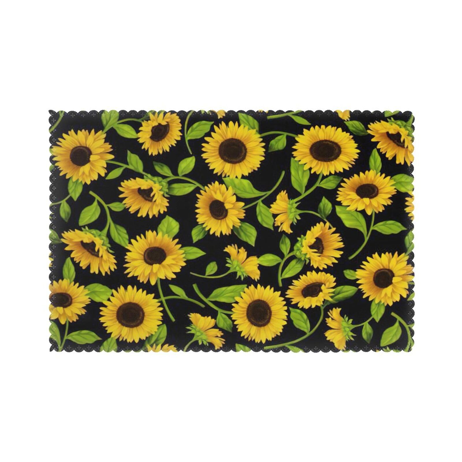 Beautiful Sunflower Print Placemats for Dining Table Set of 6 12x18 Inch Table Mats for Party Kitchen Dining.