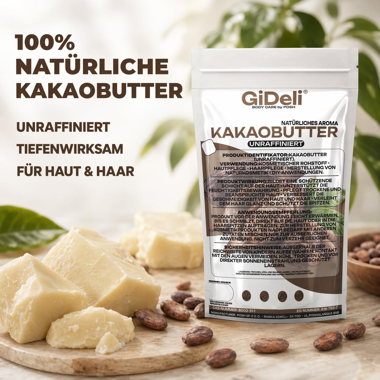 GiDeli Kakaobutter 1kg - Das Kakaofett Tiefenwirksam Feuchtigkeitsspendend und Regenerierend - Unraffinierte Butter für Haut und Haarpflege - Das Kakaobohnenfett mit Schutzwirkung