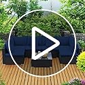 Image of 6 Seater Outdoor Patio Sectional Sofa L Shape sofaWicker Furniture Conversation Sets with Washable Cushions, and Glass Coffee Table for Garden, Poolside, and Backyard. (Black and Nevy Blue)