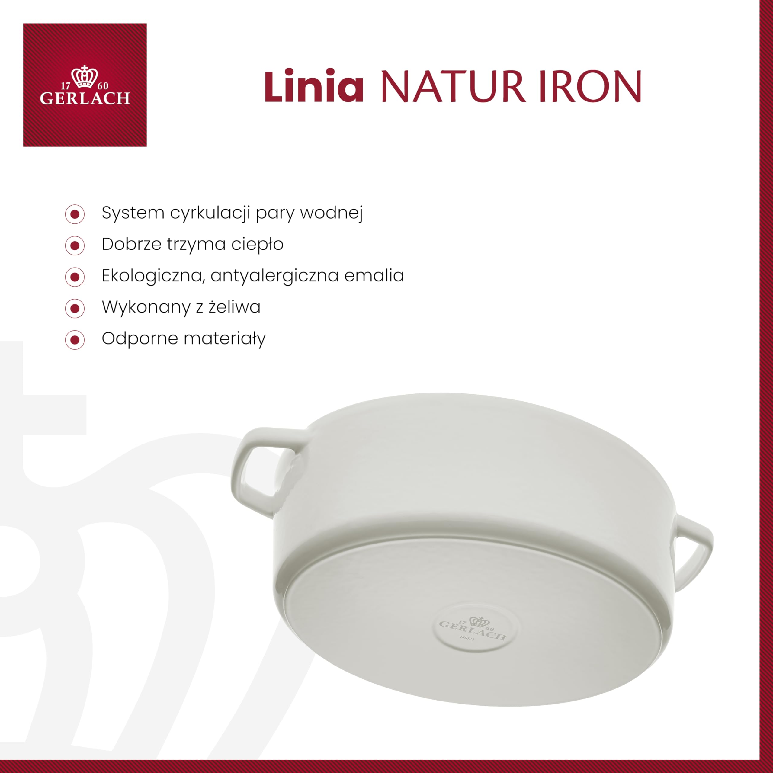 Gerlach Natur Iron Brytfanna Garnek Żeliwny Z Pokrywką Na Indukcję Gas Garnek Emaliowany Garnek do Pieczenia Chleba Biały 31 Cm 5,5 L