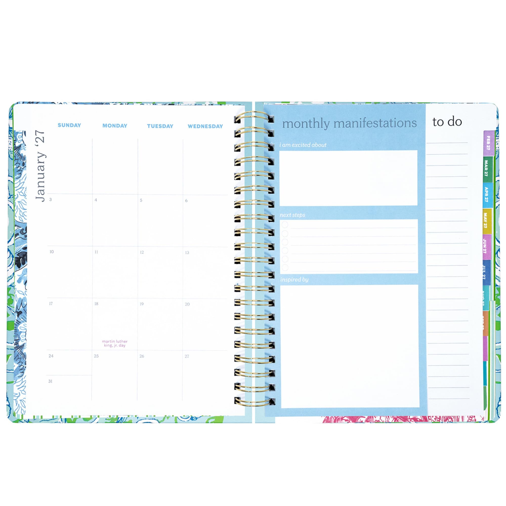 Lilly Pulitzer Agenda Jumbo 17 mesi, 21,9 x 28,3 cm, datata agosto 2026-dicembre 2027, rilegatura a spirale dorata e chiusura elastica, layout settimanali e mensili, adesivi, pagine di viaggio e
