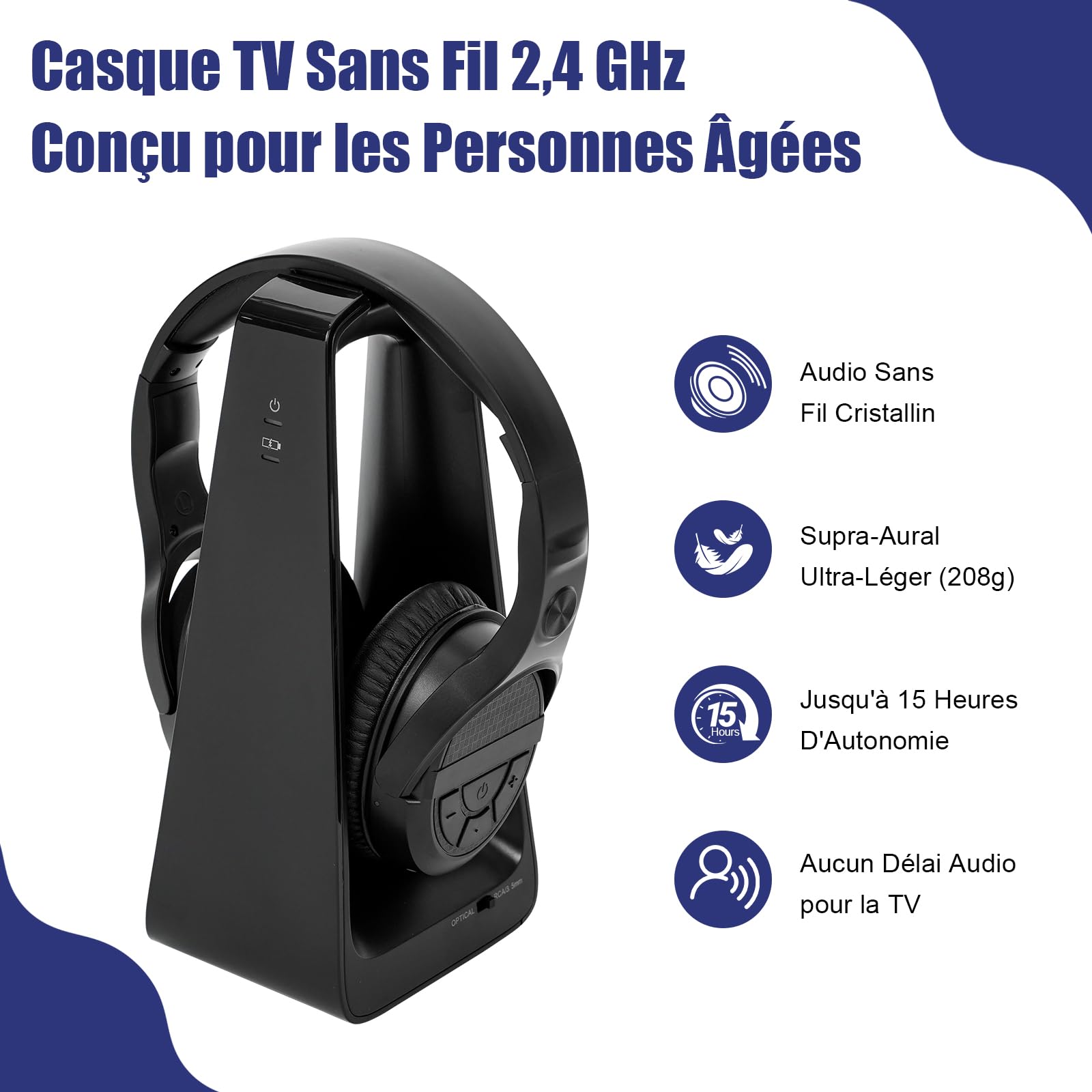 Casque TV Sans Fil pour Seniors avec Grands Boutons, Station Émetteur RF 2.4GHz, Compatible Sorties Optique/RCA/AUX, Casque Bluetooth Supra-Auriculaire avec 3 Modes EQ, Portée 30m Sans Délai Audio