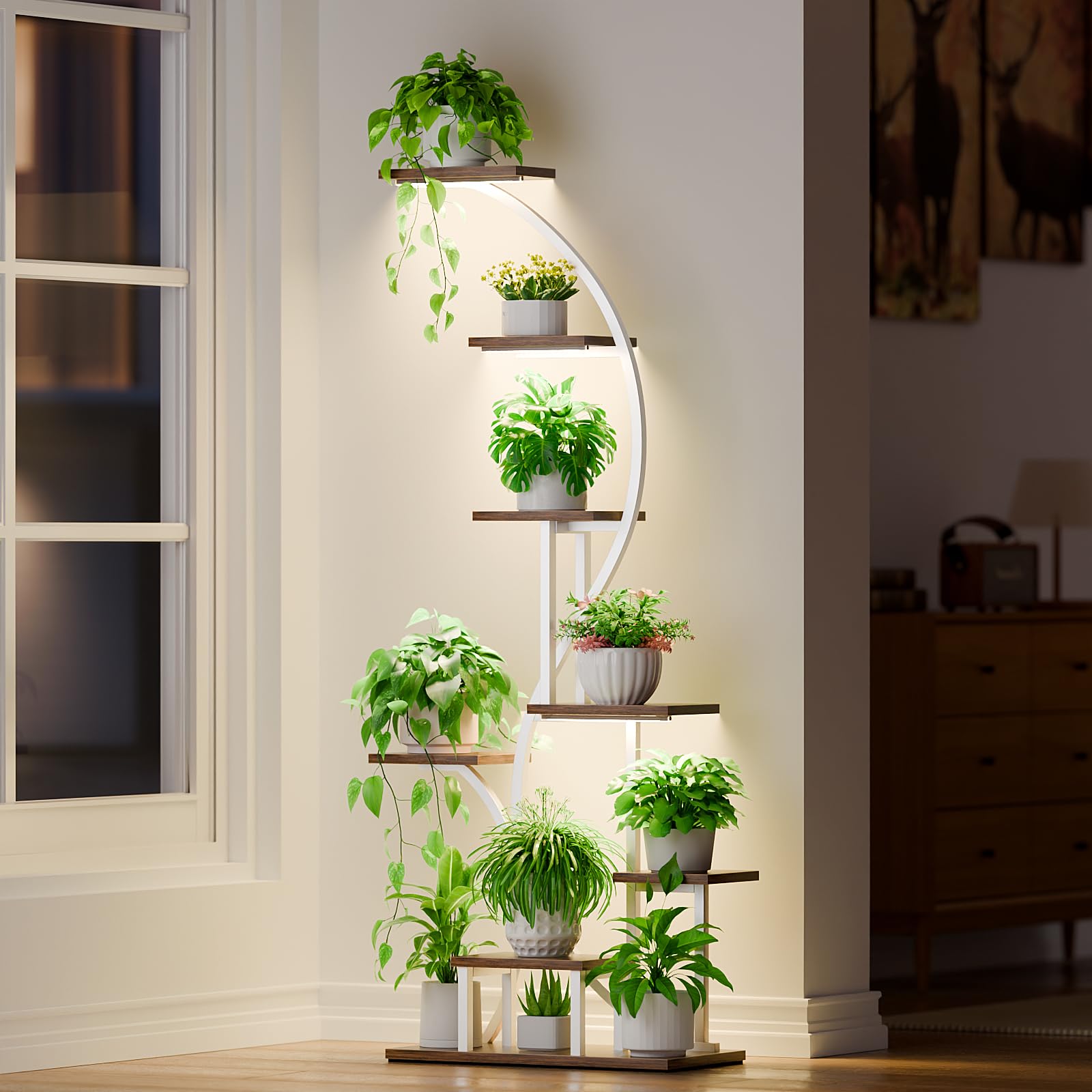 Pflanzenregal mit Wachstumslicht - 8 Ebenen Großes Blumenständer 165cm Metall Holz Pflanzenständer - Innen & Außen Blumentreppe - Dekoratives Schwarz Eck-Blumenregal für Indoor Garten Balkon Weiß