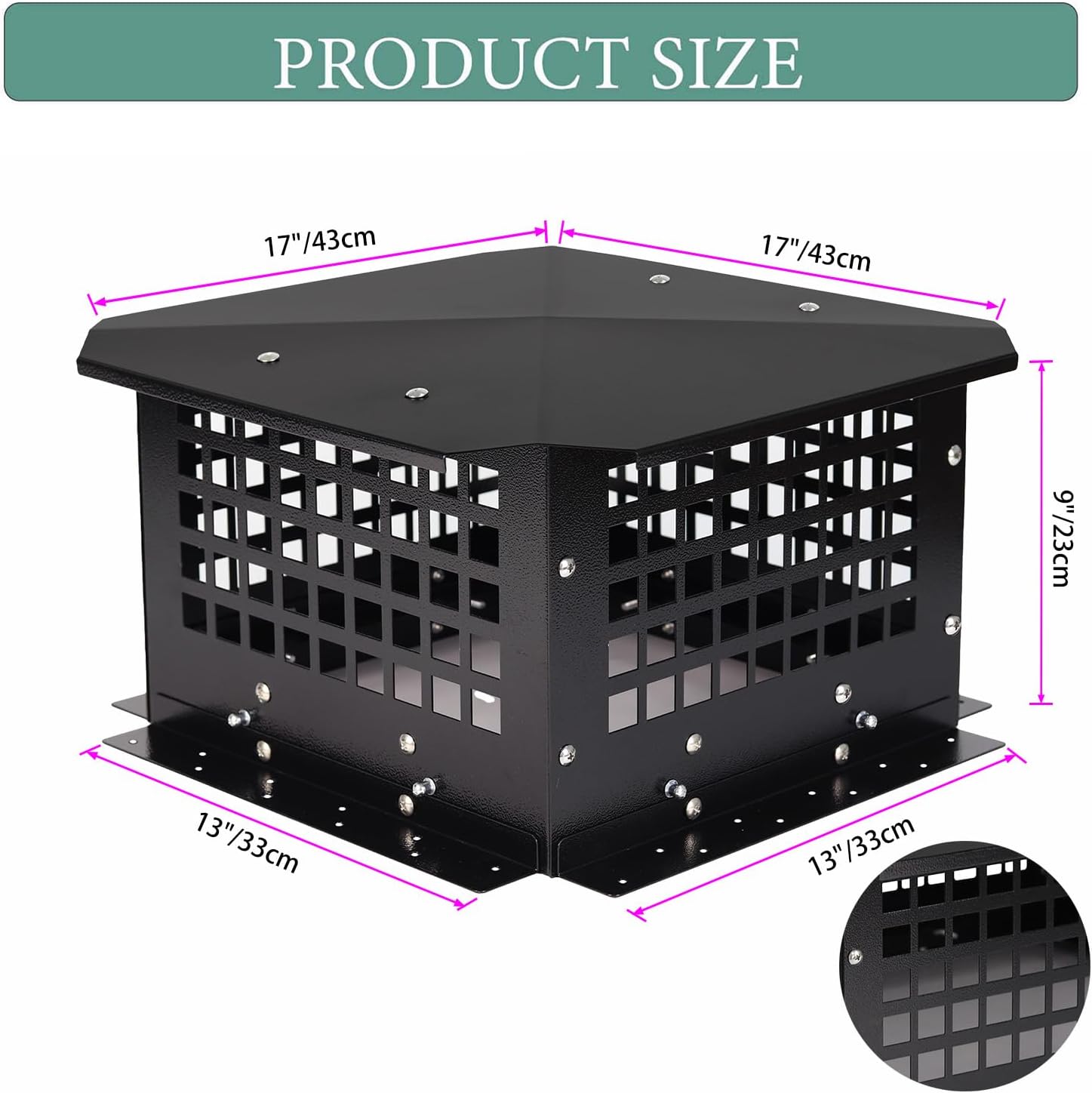 13" x 13" Chimney Cap, Chimney Cover Fireplace Chimney Flue Caps, Adjustable Metal Strips with Bolts Screws Black (13" x 13")