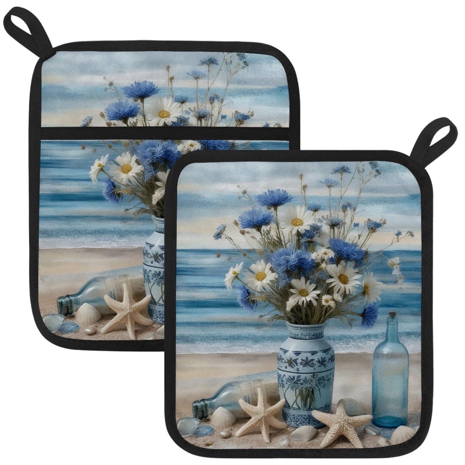 VAPOKF Daisy Starfish Pot Holders with Pocket for Kitchen Heat Resistant Potholders Large Polyester-Cotton Square Oven Mitts Set