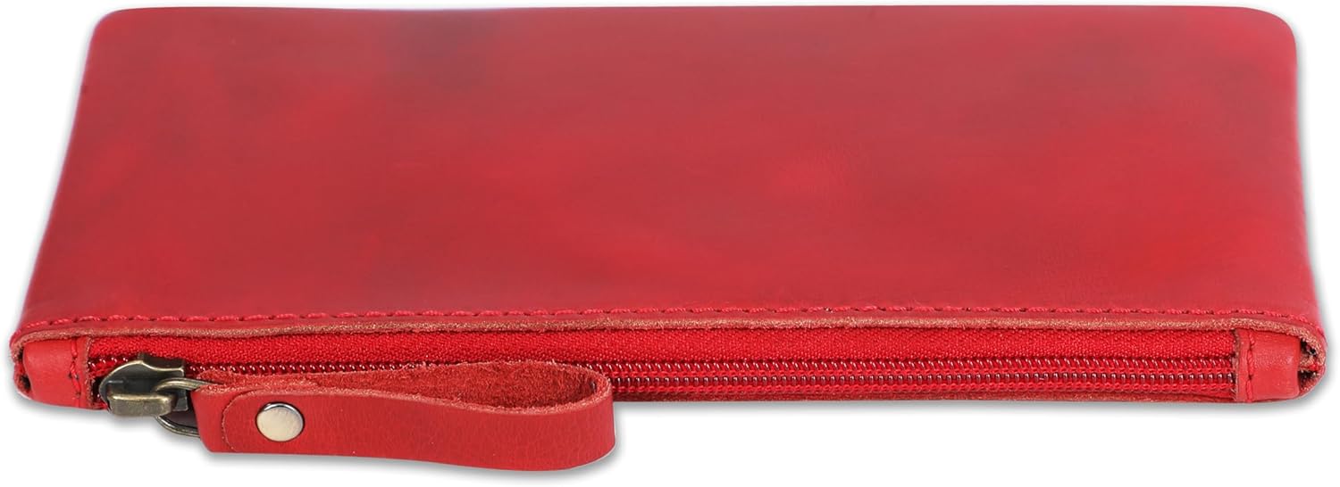 Red Genuine Leather Pencil Case for Men & Women - Small Pen Case (8" x 4" Inch), Coin Pouch, Cash Holder, Multipurpose Leather Accessory Pouch with Zipper for Pens, Pencil & Currency