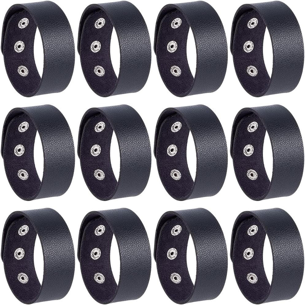 12PCS 8.98 x 0.98 Inch PU Leather Bracelet Blanks Adjustable Plain Wristband Bulk Snap Cuff Bracelets Wrist Cuffs DIY Craft Wristbands for Men Women Stamping Engraving Jewelry Making(Black)