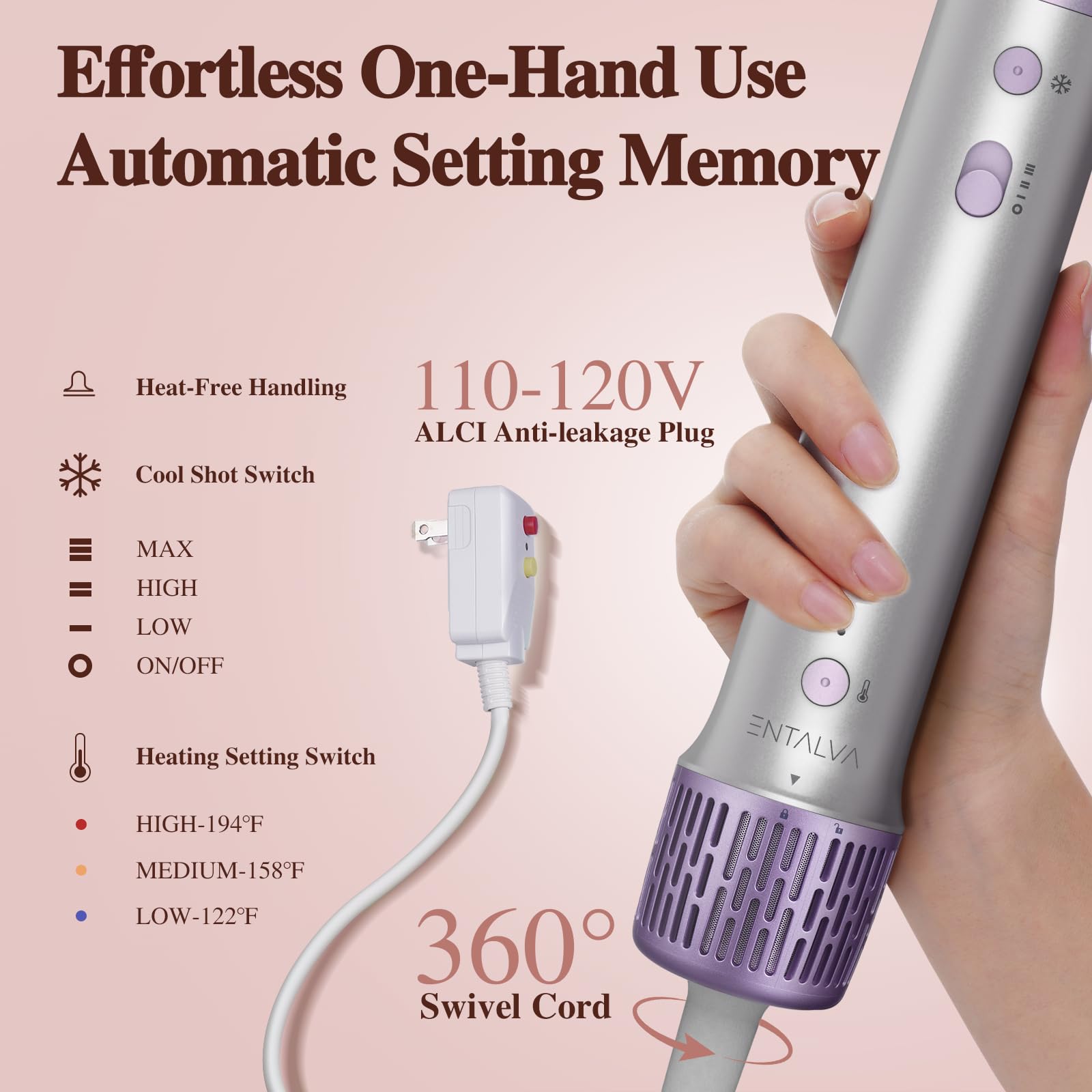 Entalva 5-in-1 Hot Air Styler Hair Dryer Brush Set with Travel Bag