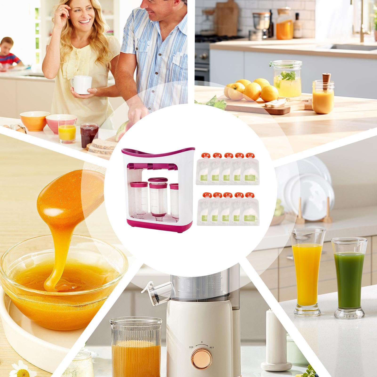 Station de Compression Aliments Bébé, Machine à Compote avec Sacs Réutilisables, Gourde Compote Bébé Réutilisable pour Purées Maison et Jus de Fruits Frais