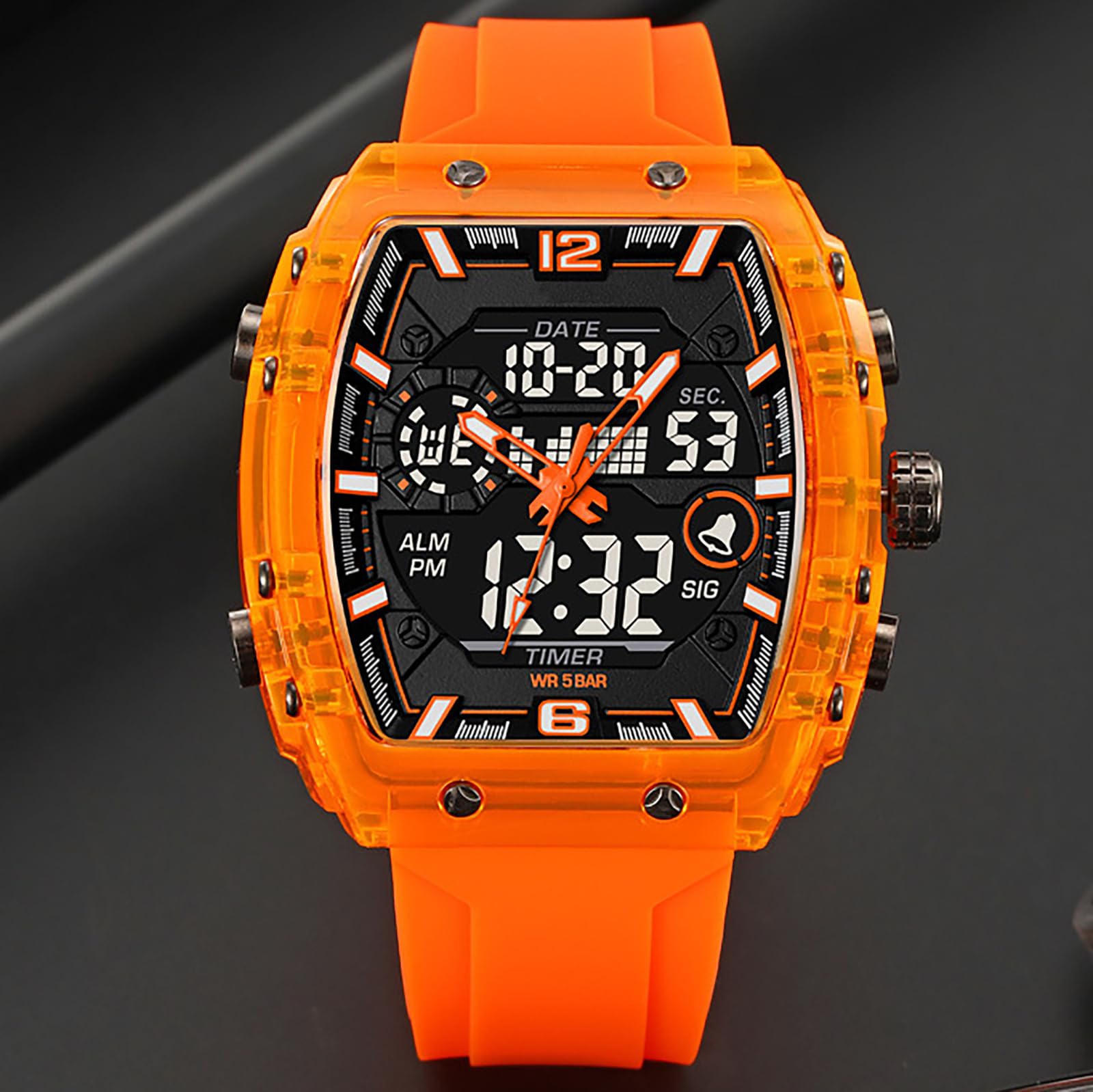findtime Tonneau - Reloj de pulsera para hombre, rectangular, elegante, único, con alarma, cronómetro, fecha, calendario, analógico, reloj digital, multicolor, para niños y adolescentes