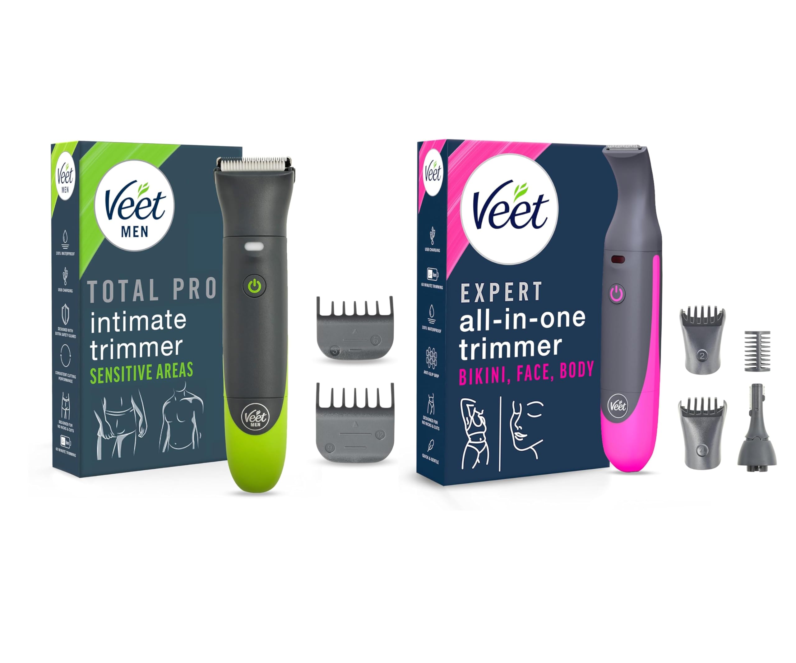 Veet Intimtrimmer Duo-Set für Männer & Frauen – 1x Veet Men Intimate Trimmer + 1x Expert Damen Trimmer – Intimrasierer & Körperhaartrimmer – Wasserfest