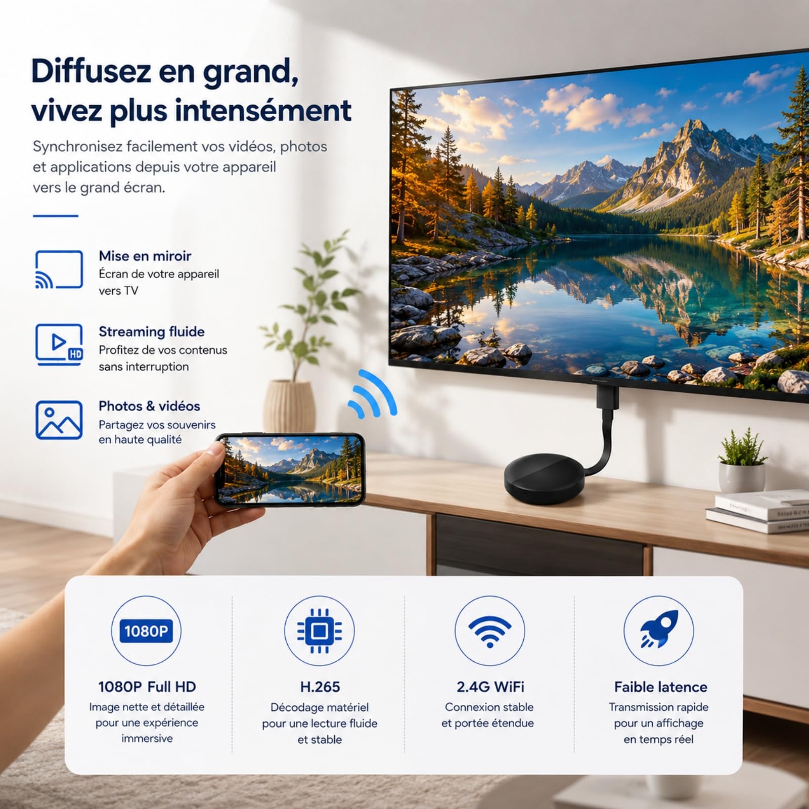 Streamer multimedialny WiFi, ulepszona wersja bezprzewodowa, Google 1080p HDMI 4G, kompatybilna z TV/monitorem/projektorem, obsługa WiFi 2,4 GHz, połączenie USB/MicroUSB, chromowana obsada