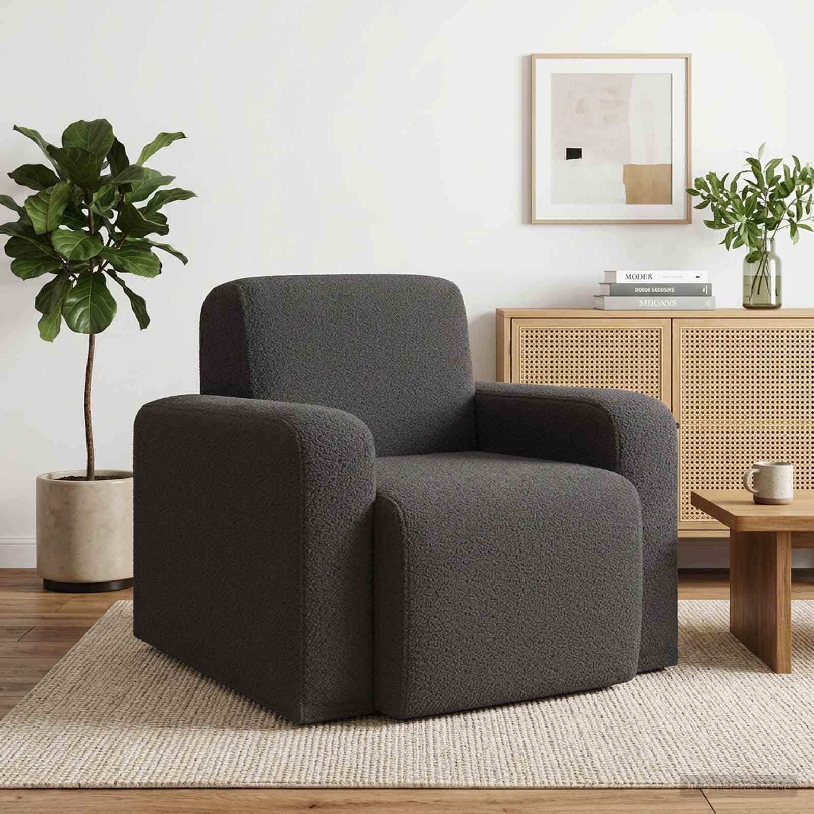 Sessel Dunkelgrau Bouclé Polstersessel Modern mit Holzrahmen