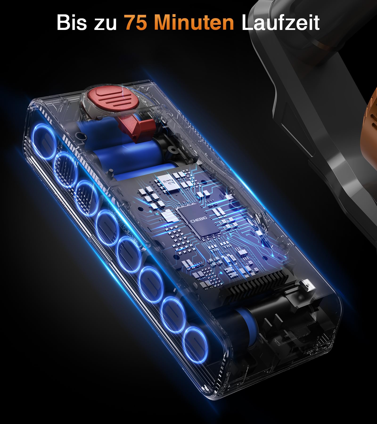 CHEBIO Akku Staubsauger 50000Pa/600W, 75 Min Staubsauger Kabellos Beutellos, 1.8L Akkustaubsauger Freistehend mit LED-Display&Anti-Tangle-Bürste, Stielstaubsauger für Tierhaare/Hartböden/Teppiche/Auto